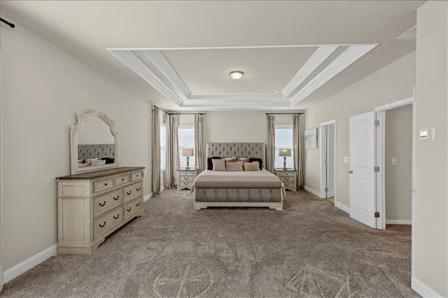 a spacious bedroom with a bed and a cabinets