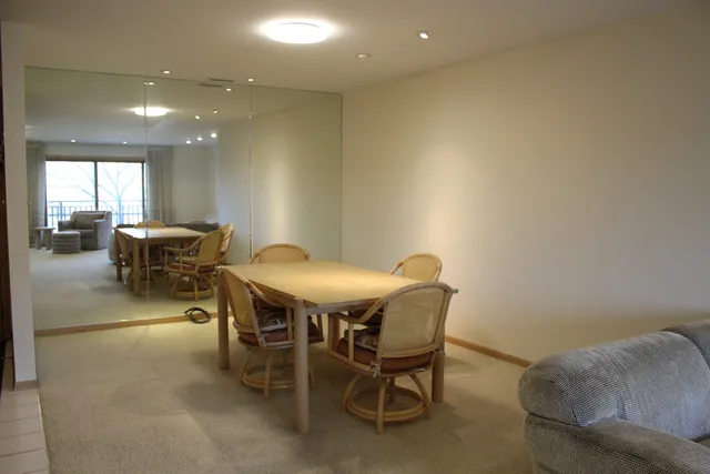 a view of a dining room with furniture