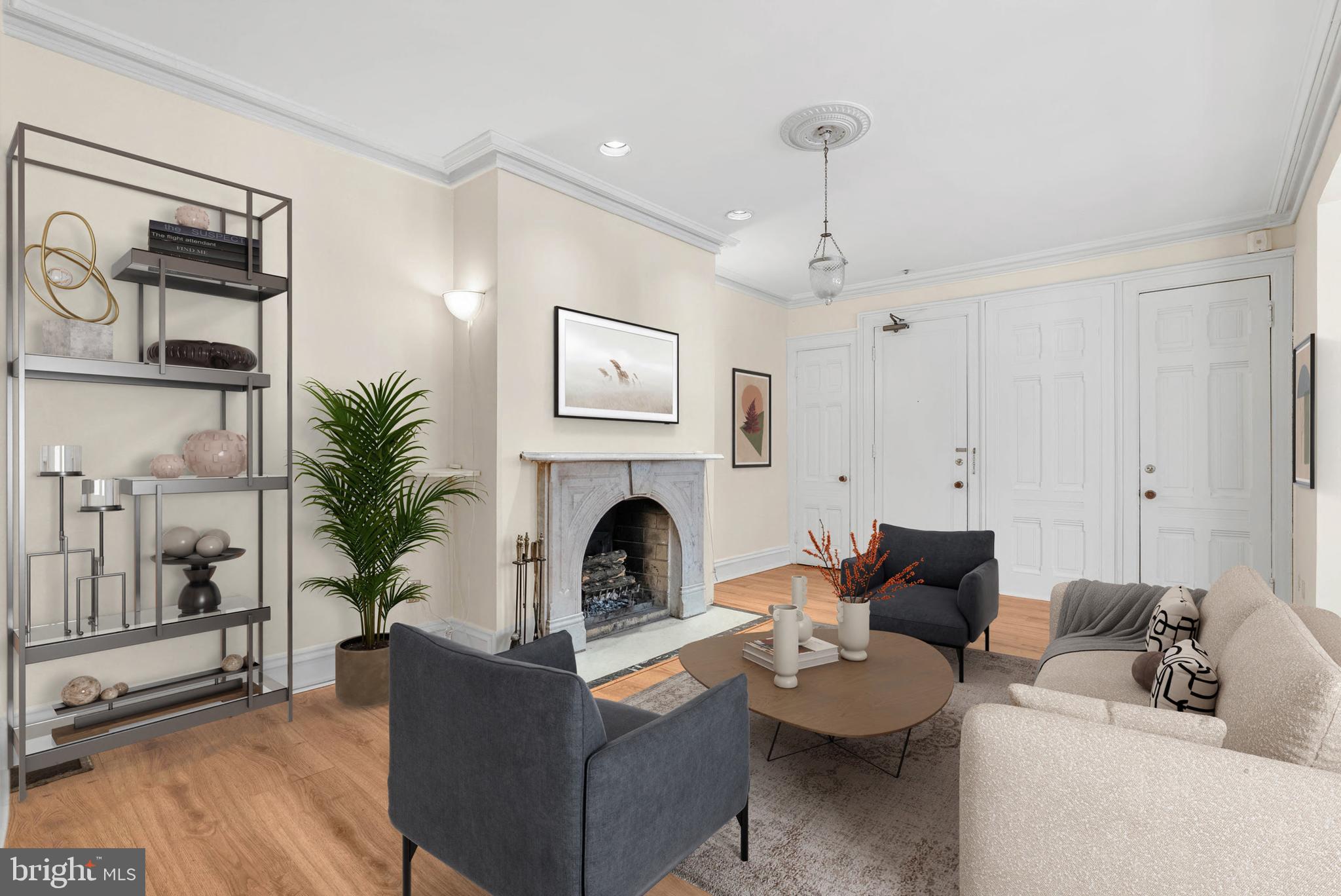 2024 Spring Garden Street, Unit 4 Philadelphia, PA 19130 - Photo 3 of 28 a living room with furniture a fireplace and a potted plant