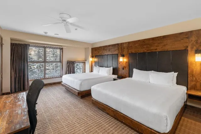 a bedroom with a large bed and a large window