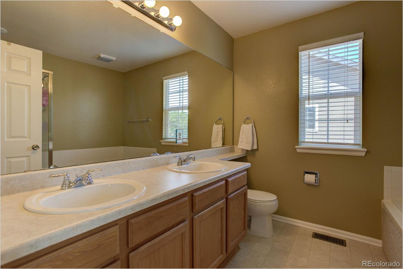 1021 Riddlewood Road Highlands Ranch, CO 80129 - Photo 17 of 29 a bathroom with a double vanity sink toilet and a mirror