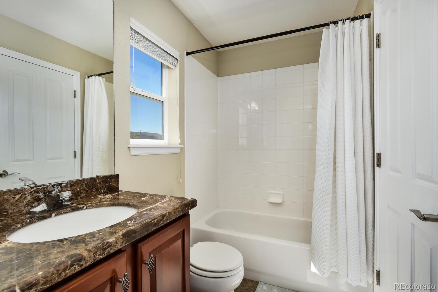 10842 Brooklawn Road Highlands Ranch, CO 80130 - Photo 20 of 35 a bathroom with a granite countertop sink toilet and shower
