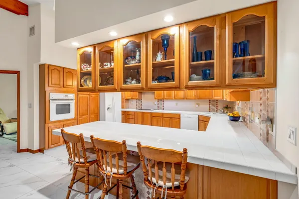 a view of a dining room with furniture
