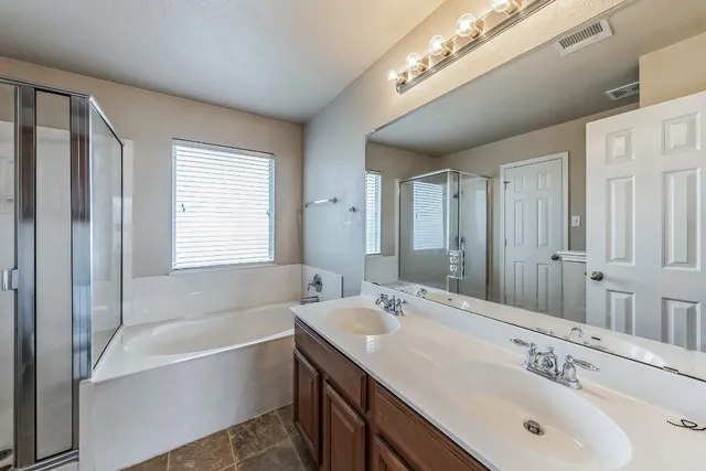 a bathroom with a tub a double vanity sink and mirror