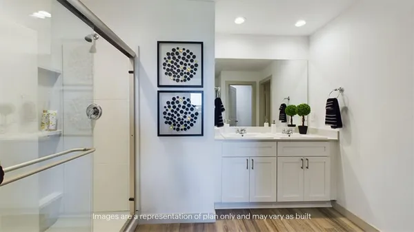 a bathroom with a sink a mirror and shower