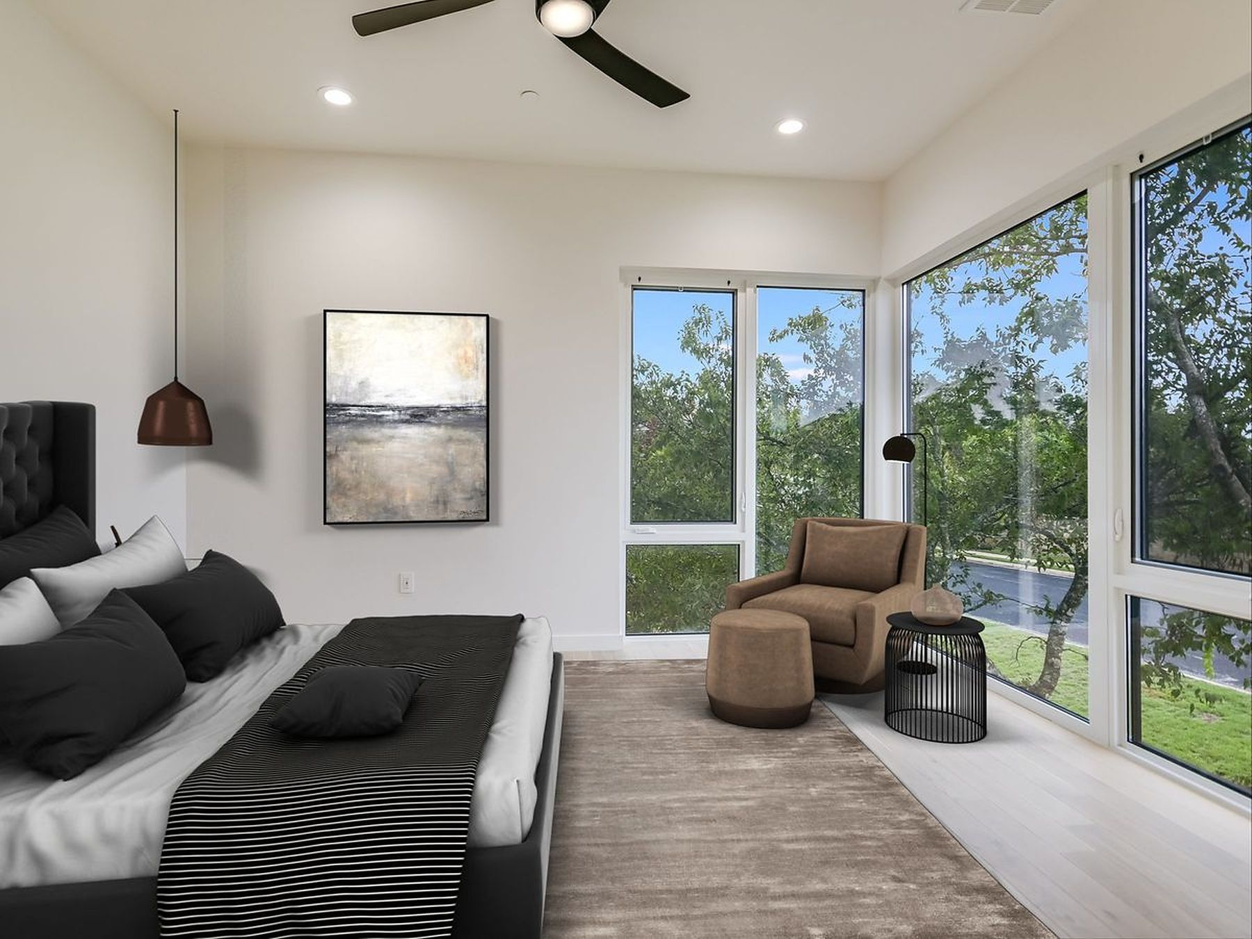 2476 Waymaker Way Austin, TX 78746 - Photo 22 of 31 Floor-to-ceiling windows illuminate this tranquil sleeping space, offering serene tree-lined views.