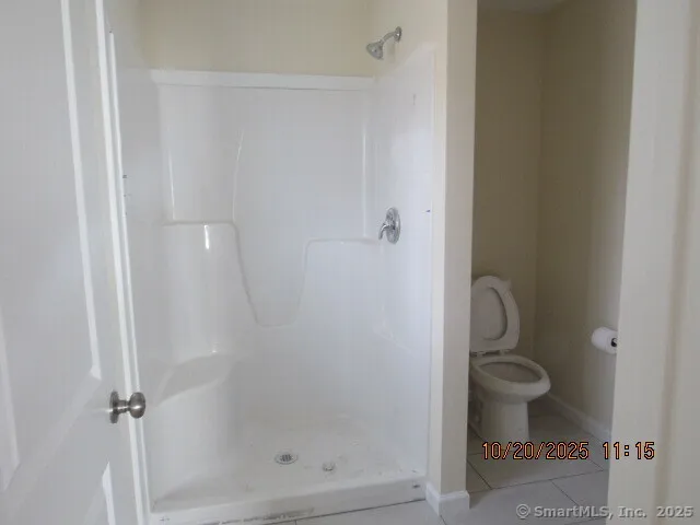 a bathroom with a shower and toilet