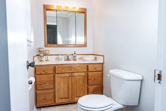 a bathroom with a sink a toilet a mirror and vanity