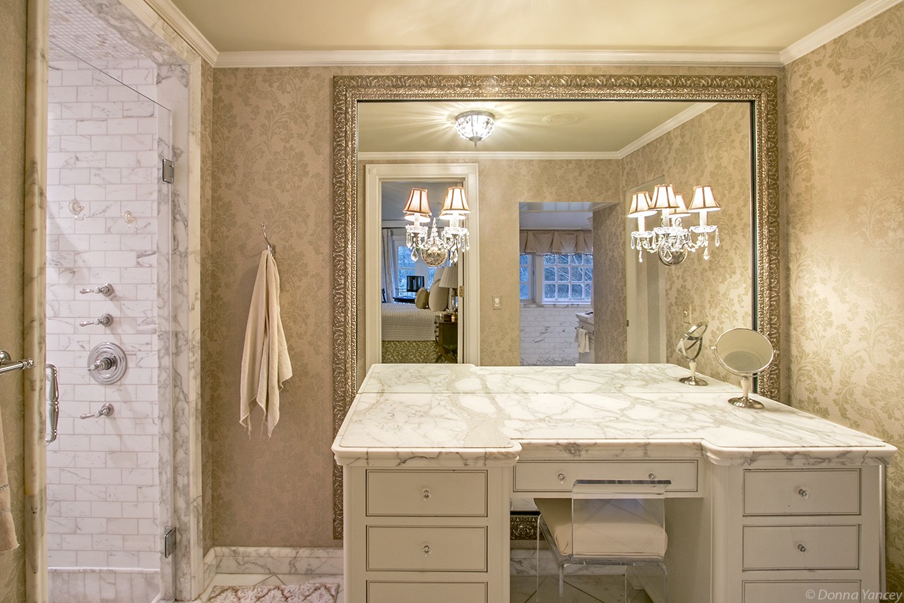 907 Overton Lea Road Nashville, TN 37220 - Photo 13 of 24 a bathroom with a granite countertop sink a mirror and a shower
