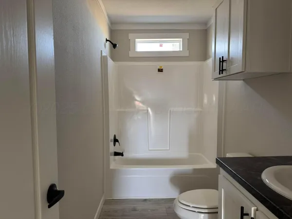 a bathroom with a granite countertop sink toilet and a mirror