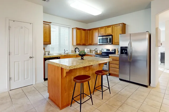 a view of a dining room and furniture
