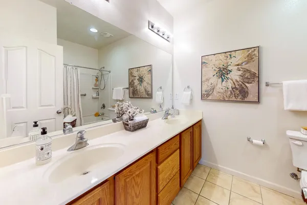 a bathroom with a granite countertop sink mirror and a