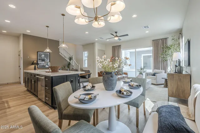 a view of a dining room with furniture