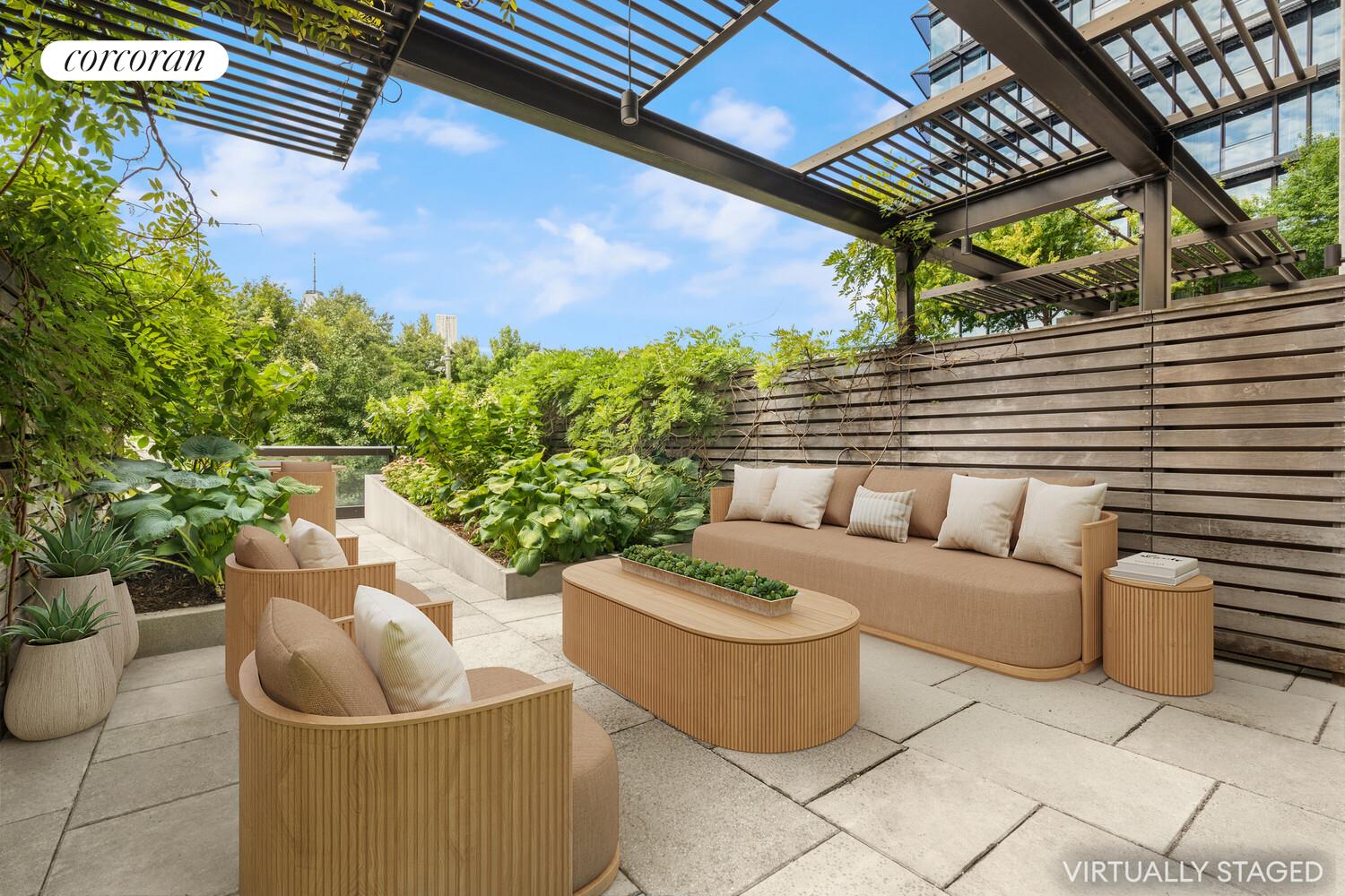 a balcony with furniture and a potted plant
