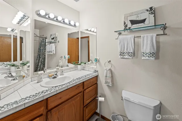 a bathroom with a sink vanity mirror and toilet