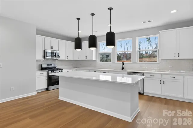 a kitchen with stainless steel appliances kitchen island granite countertop a sink a stove and white cabinets