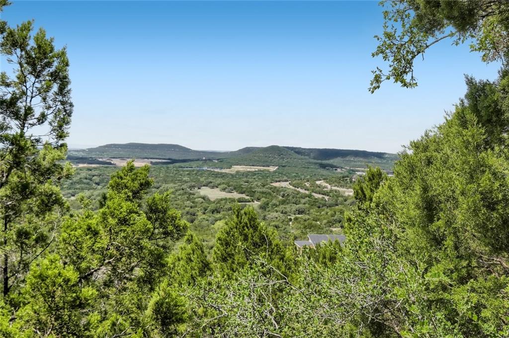 a view of a field with an trees in the background