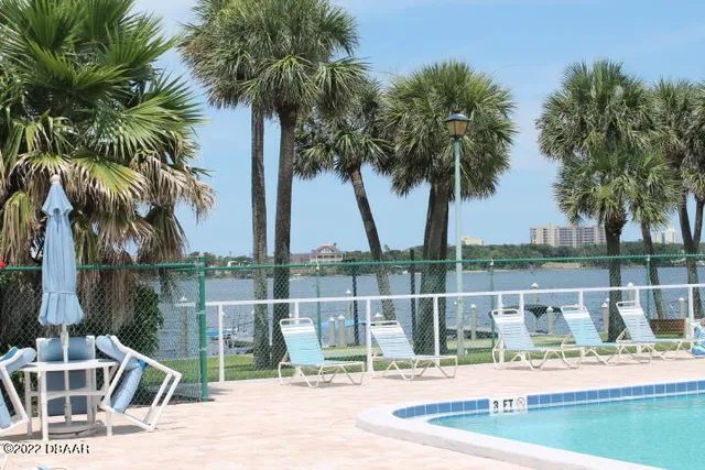 a view of a lake with a palm trees