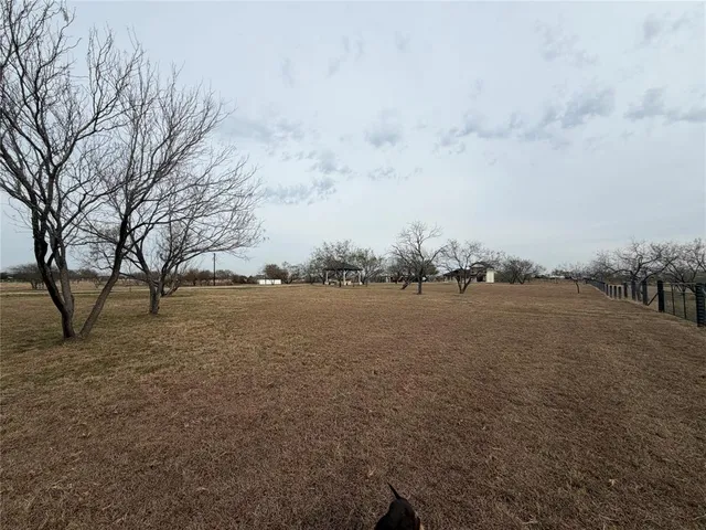 a view of a dry yard with wooden fence