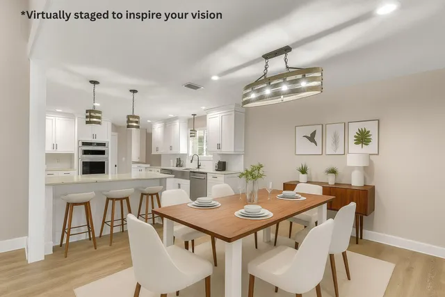 a view of a dining room with furniture and wooden floor