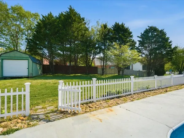 a view of a park with large trees