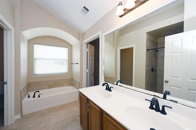a bathroom with a bathtub a sink and a mirror