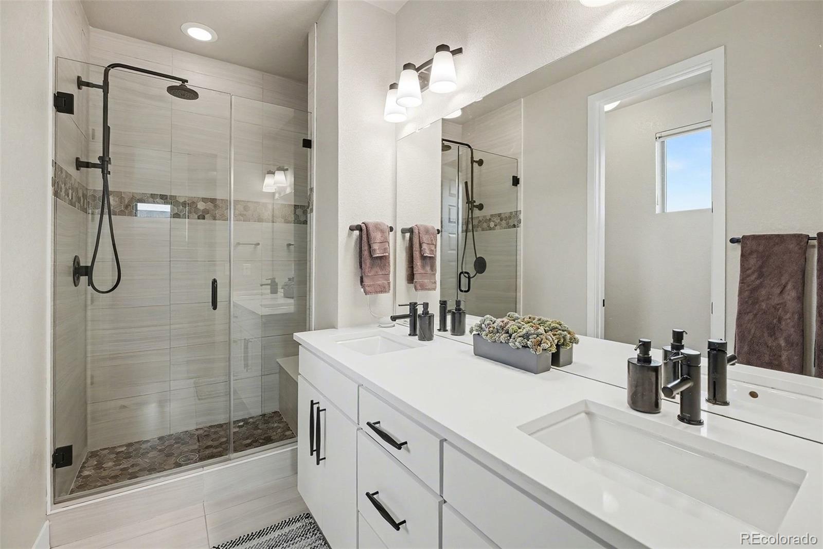 6793 Canosa Street Denver, CO 80221 - Photo 20 of 34 a bathroom with a shower sink vanity and mirror