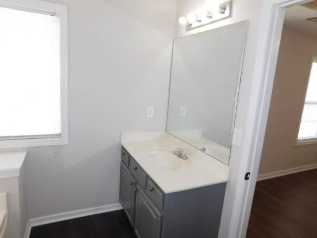 a bathroom with a sink a vanity and a mirror