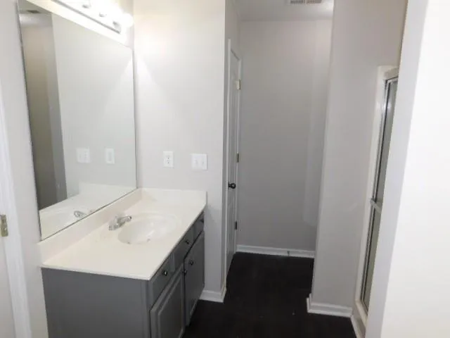 a bathroom with a sink a mirror and a shower