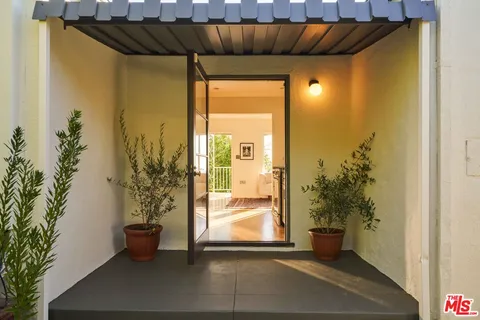 a view of a porch with a potted plant