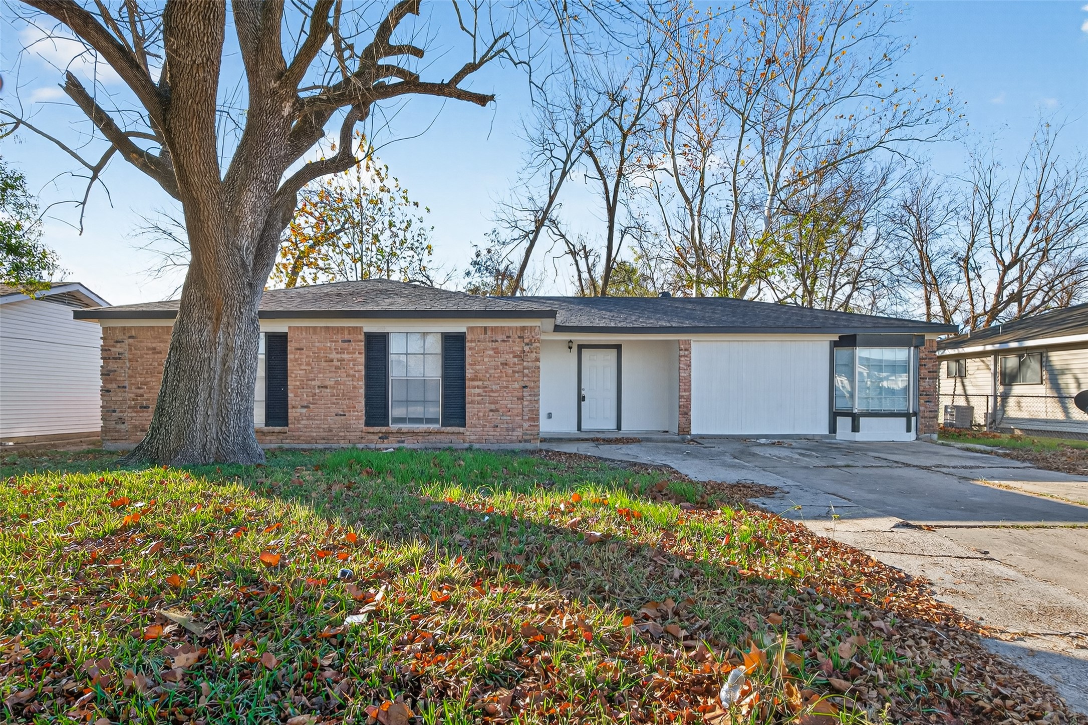 a view of a house with a large tree and a yard