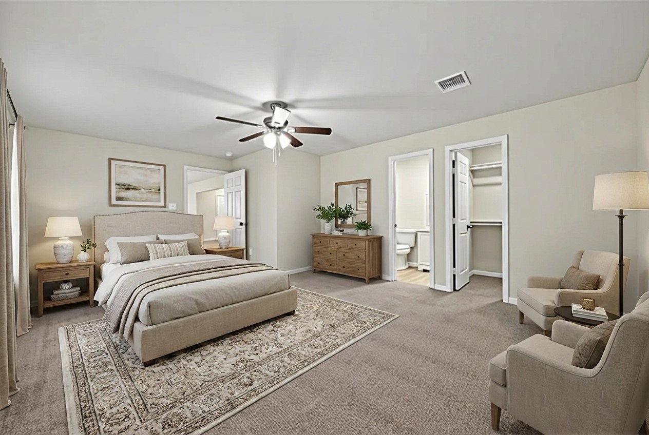 1238 Hopper Road Houston, TX 77037 - Photo 5 of 40 a spacious bedroom with a bed a couch and dresser