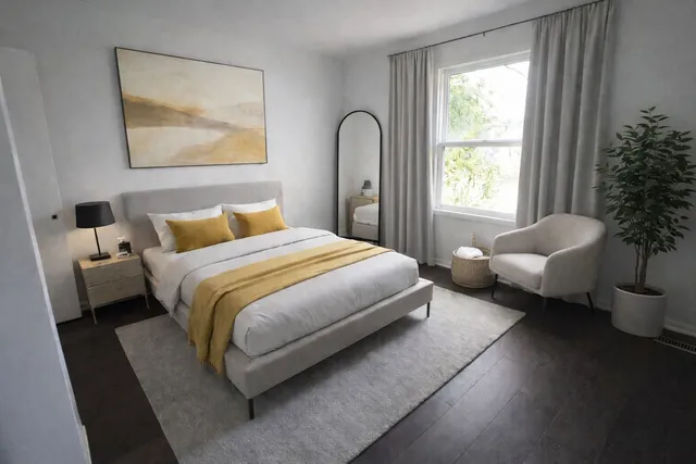 a bedroom with a bed couch and window