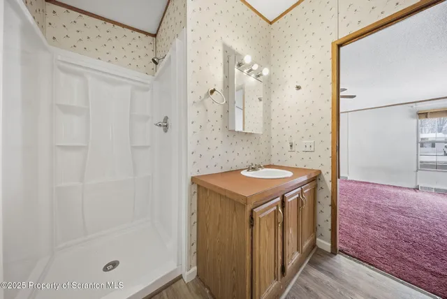 a bathroom with a granite countertop sink a mirror and a shower