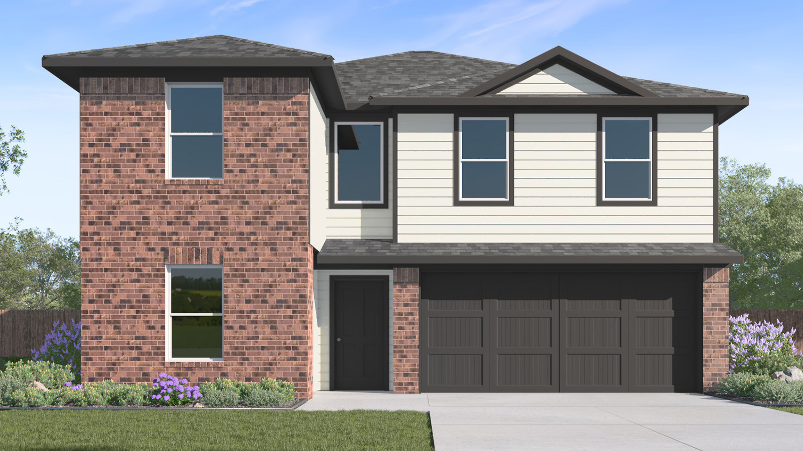 A striking exterior combines classic brick and modern siding, creating inviting curb appeal.