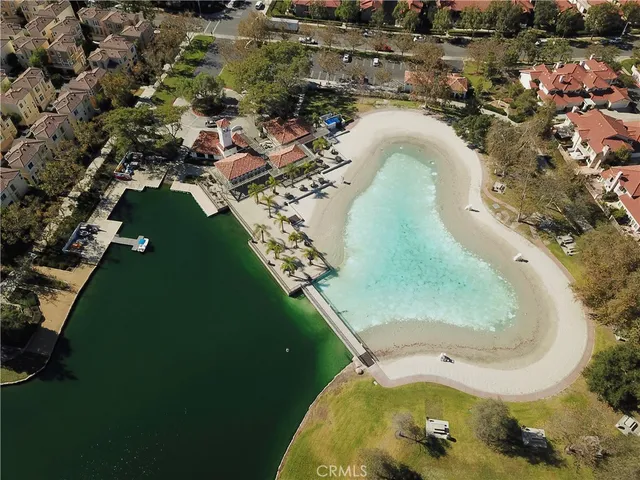an aerial view of a swimming pool