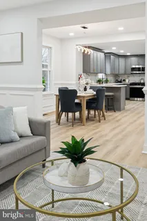 a view of a dining room with furniture a potted plant and wooden floor