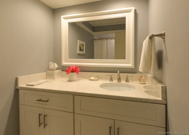 a bathroom with a sink vanity and a mirror