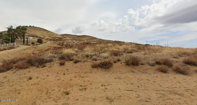 a view of a dry field with mountains in the background