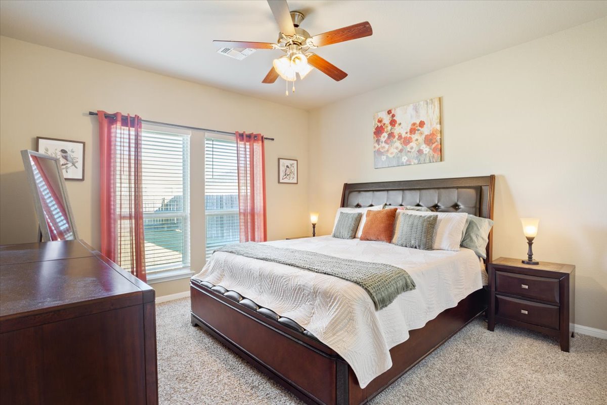 1149 Spring Terrace Loop Temple, TX 76502 - Photo 17 of 25 Spacious primary suite with plush carpet, large windows, and an ensuite bath featuring double sinks and ample storage.