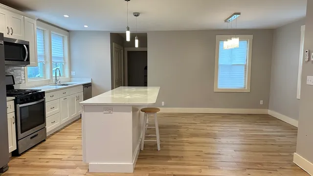 a kitchen with a sink window and stainless steel appliances