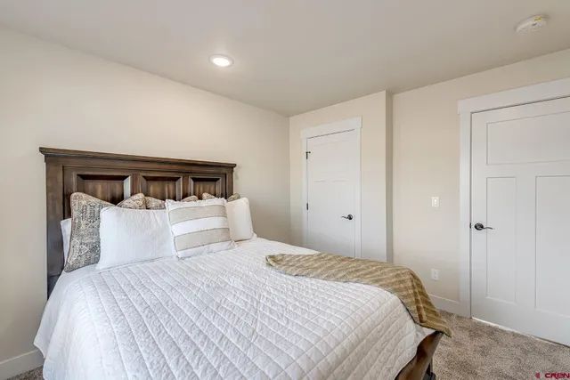 a bedroom with a bed and closet