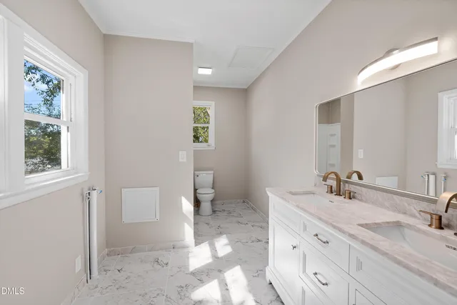 a bathroom with double vanity sink a mirror and a toilet