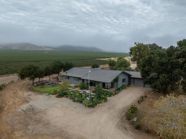 an aerial view of a house with a yard and plants