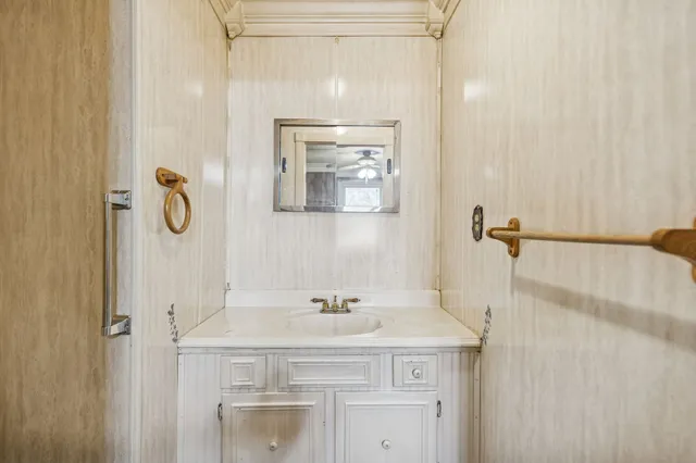 a bathroom with a sink a mirror and a shower