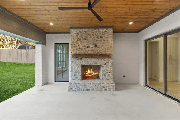 a living room with a fireplace