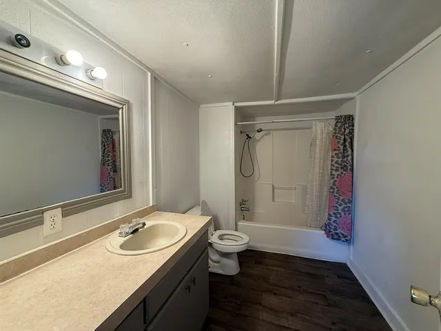a bathroom with a sink a toilet a shower and a mirror