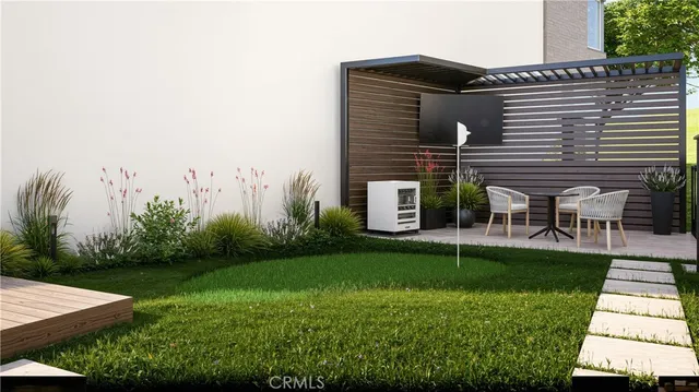 a view of a patio with a yard