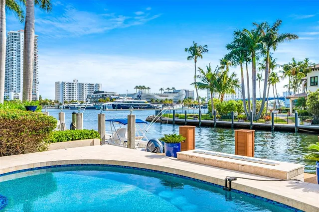 a view of a lake with a yard and a ocean view