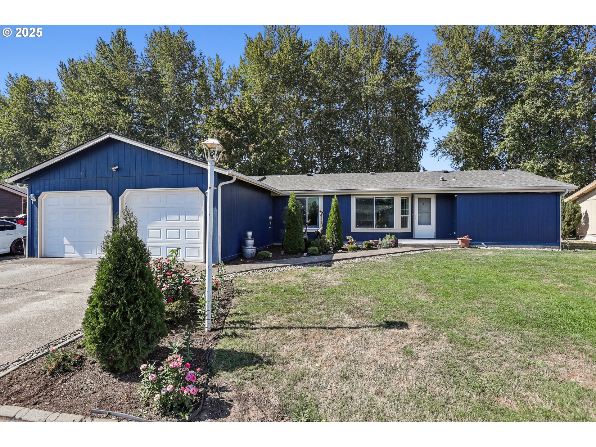 a front view of a house with a yard and trees